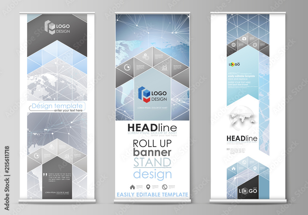 The minimalistic vector illustration of the editable layout of roll up banner stands, vertical flyers, flags design business templates. Technology concept. Molecule structure, connecting background.