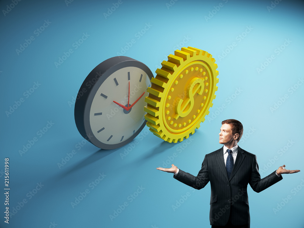 Businessman with abstract clock and gear dollar Businessman with abstract clock and gear dollar