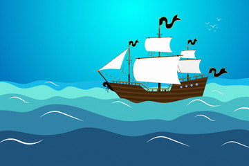 Wandcirkels Piraten Cartoon piratenschip op open zee  © peshkova