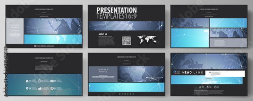 The black colored minimalistic vector illustration of the editable layout of high definition presentation slides design templates. Abstract global design. Chemistry pattern, molecule structure.