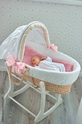 Newborn little baby in moses basket. Baby in lullaby bed indoor.