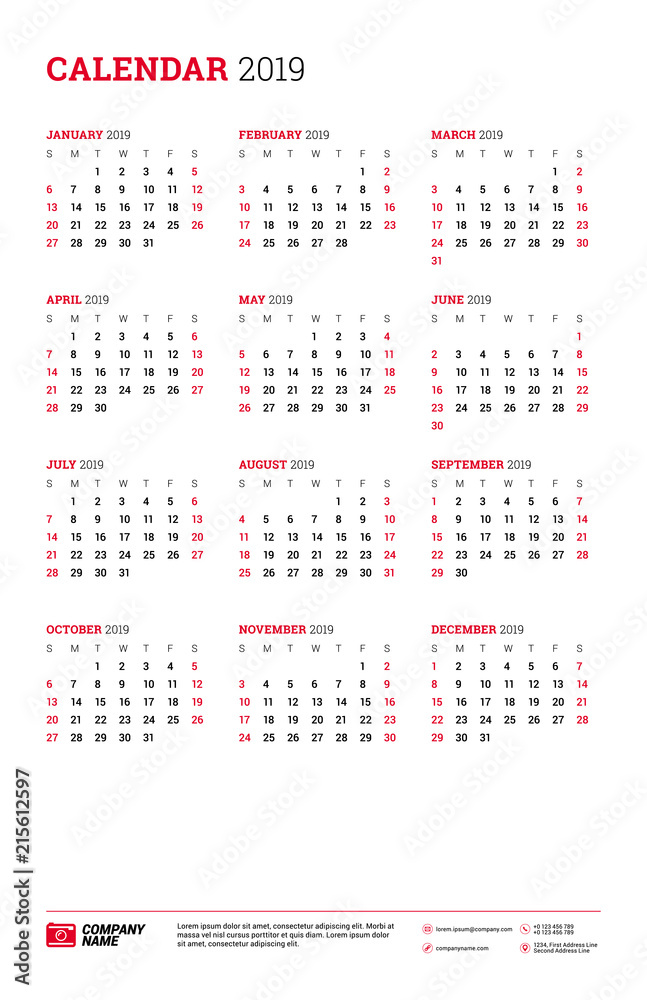 Calendar for 2019 year. Week starts on Sunday. Printable vector stationery design template Calendar for 2019 year. Week starts on Sunday. Printable vector stationery design template