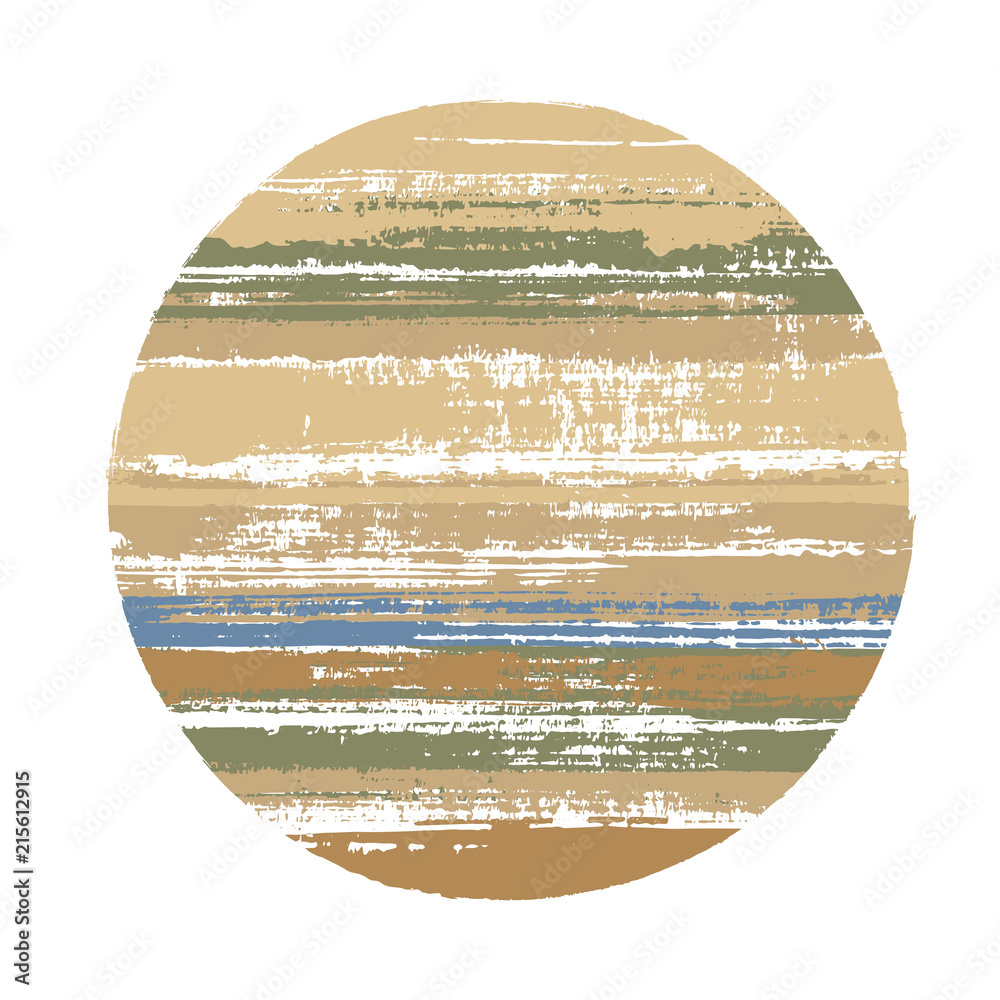 Hipster circle vector geometric shape with stripes texture of paint horizontal lines. Disk banner with old paint texture. Emblem round shape circle logo element with grunge stripes background.