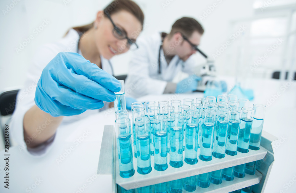 Fototapeta premium female researcher and her senior supervisor are doing investigations with test tubes