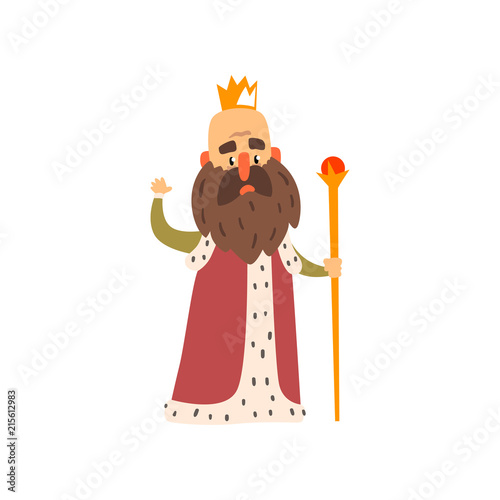 Funny bald bearded majestic king character cartoon vector Illustration on a white background