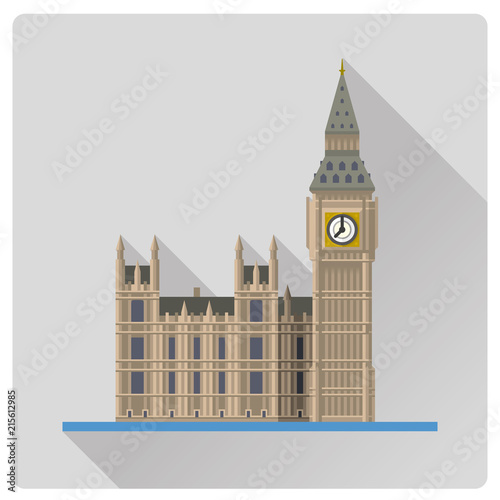 Big Ben at London, England, flat design long shadow vector illustration