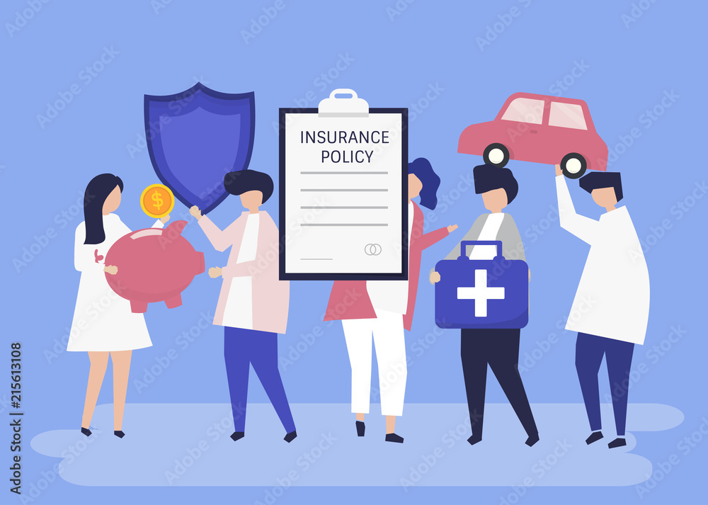 Characters of people holding insurance icons illustration