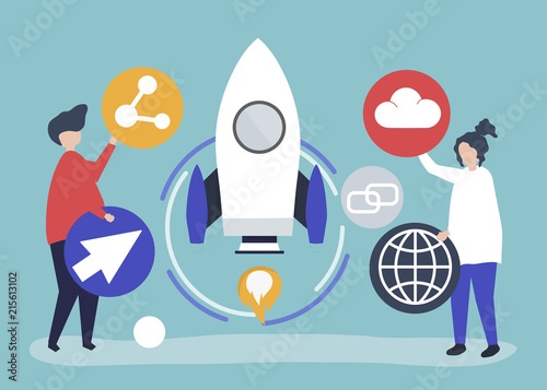 Two people holding startup technology icons illustration