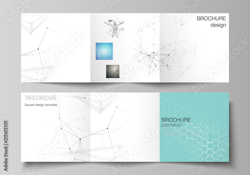 Minimal vector layout. Modern covers design templates for trifold square brochure or flyer. Technology, science, medical concept. Molecule structure, connecting lines and dots. Futuristic background