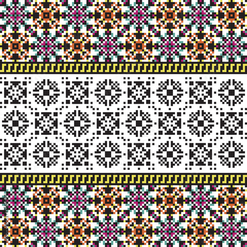 Embroidered seamless patterns. Pixel textile prints. Vector fashion background.