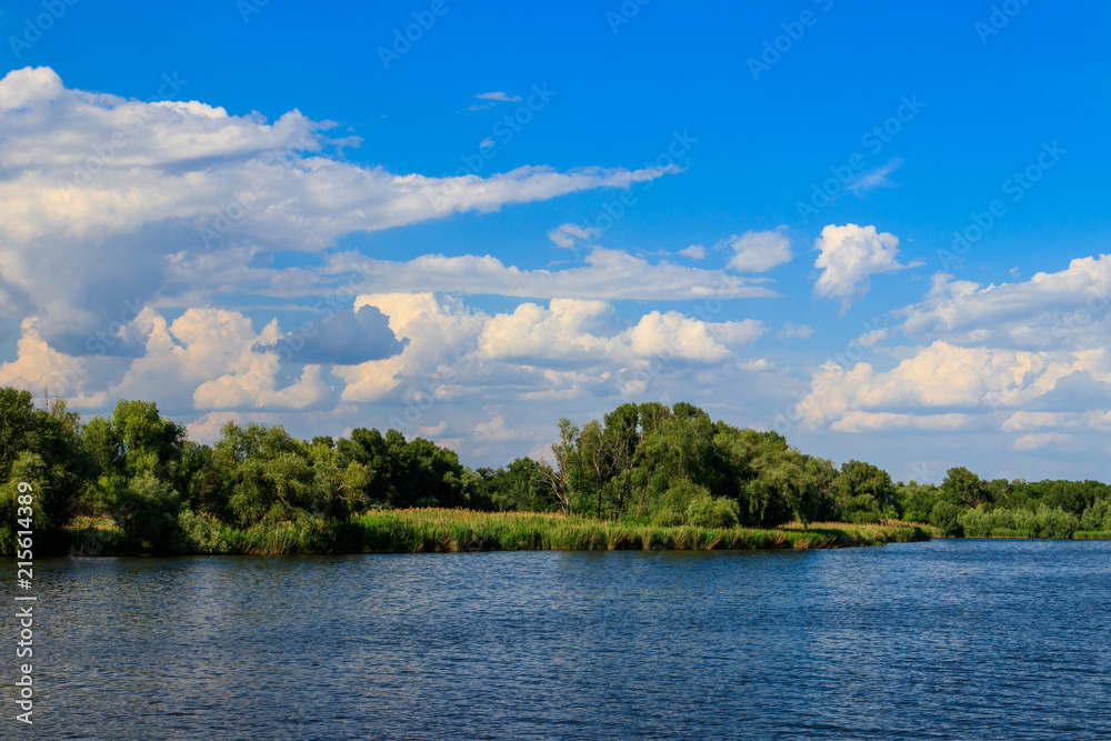 Summer landscape with beautiful lake, green trees and blue sky Summer landscape with beautiful lake, green trees and blue sky