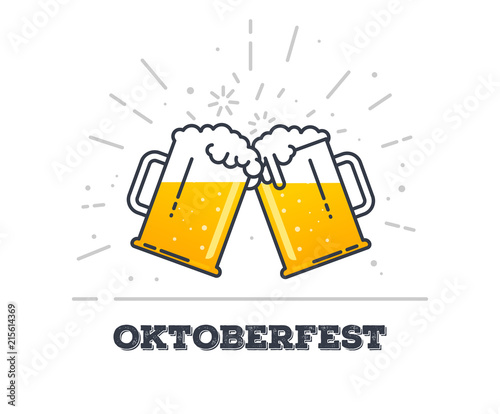 October fest concept. Two gig glasses with fresh yellow live beer and white foam, and bubbles. Line style flat vector illustration. Beer festival concept. Lager sort. Clinking beer glasses.