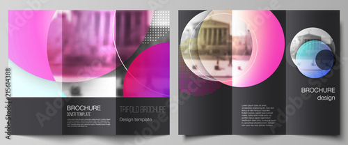 The minimal vector illustration of editable layouts. Modern creative covers design templates for trifold brochure or flyer. Creative modern bright background with colorful circles and round shapes.