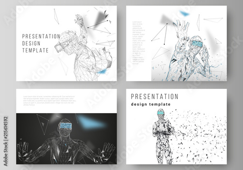 The minimalistic abstract vector illustration of the editable layout of the presentation slides design business templates. Man with glasses of virtual reality. Abstract vr, future technology concept.