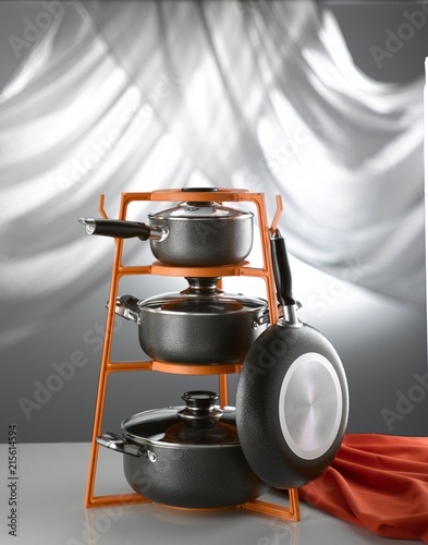cookware set on standing rack