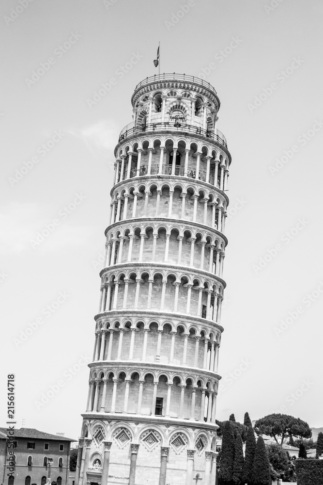 Leaning Tower of Pisa o Cathedral square in Pisa, Tuscany, Italy. Black and white image.