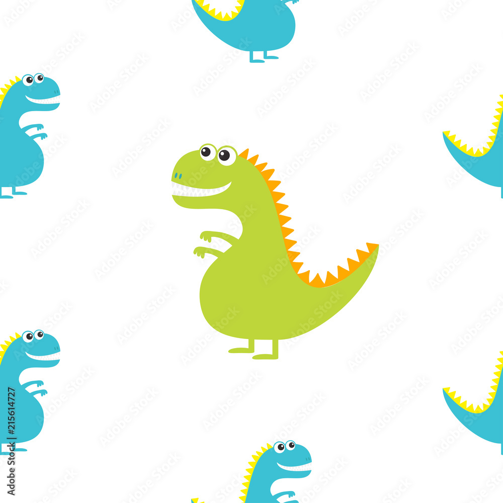 Fototapeta premium Dinosaur isolated on white background. Cute cartoon funny dino baby character. Flat design. Seamless Pattern. Wrapping paper, textile template. Blue background. Flat design