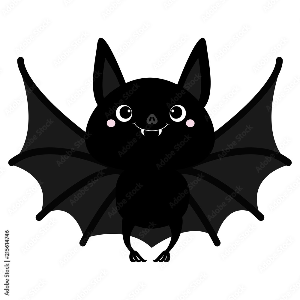 Bat flying. Cute cartoon baby character with big open wing, ears, legs.  Happy Halloween. Black silhouette. Forest animal. Flat design. White  background. Isolated. Greeting card. Stock Vector | Adobe Stock
