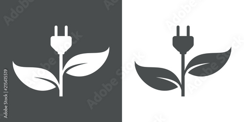 Icono plano enchufe con hojas en gris y blanco