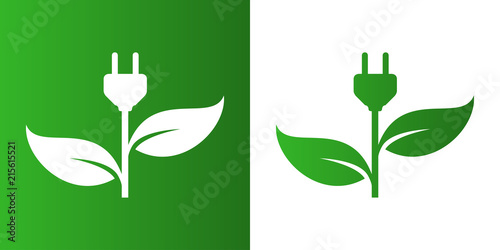 Icono plano enchufe con hojas en verde y blanco photo