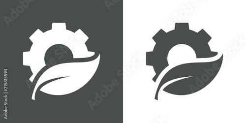 Icono plano engranaje con hoja en gris y blanco