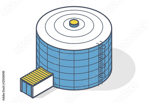 Tank for storing water, gas, oil, oxygen and other solid fuels. Part of wastewater treatment plant, WWTP. Isometric vector symbol for water management, gasometer or deal with fuel and drinking water