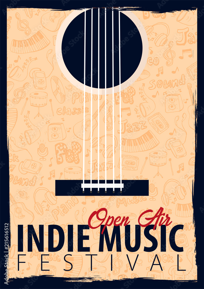 Fototapeta Indie Music Festival. Open Air. Flyer design Template with hand-draw doodle on the background.