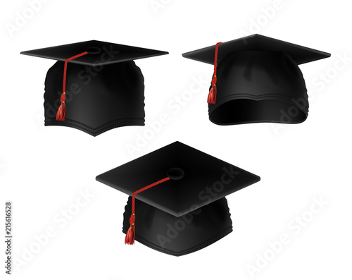Vector realistic set of black graduation caps with red tassels, view from various sides isolated on background. Square academic hat, ceremonial headdress for university and college graduates