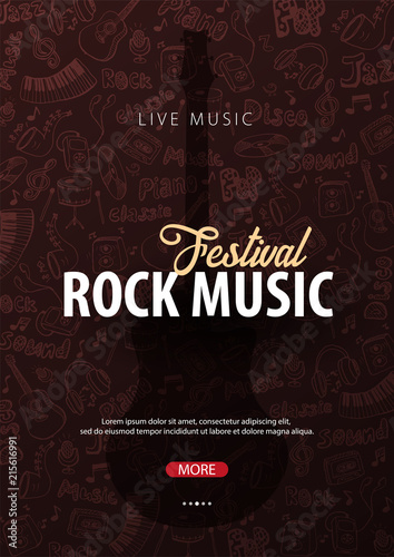 Rock Music Festival. Open Air. Flyer design Template with hand-draw doodle on the background.
