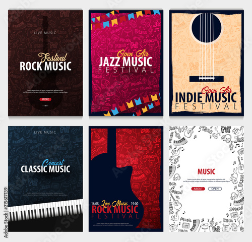 Rock, Classic, Indie, Jazz Music Festival. Open Air. Set of Flyers design Template with hand-draw doodle on the background.