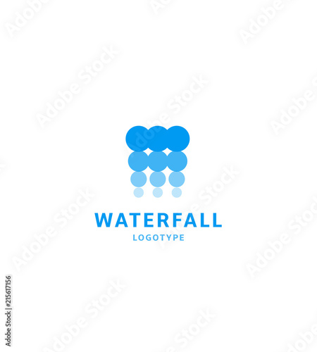 Waterfall icon, water abstract logo template, blue bubbles, hydroelectric power station, vector illustration on white background