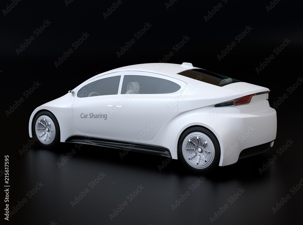 Rear view of white electric vehicle for car sharing service. Black background. 3D rendering image.