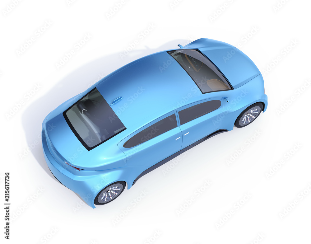 Top view of metallic blue electric car isolated on white background. 3D rendering image. Top view of metallic blue electric car isolated on white background. 3D rendering image.