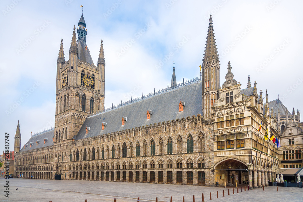 View at the Cloth hall and City hall at the Grote markt of Ypres in Belgium
