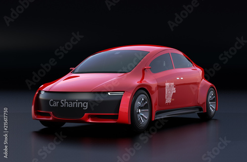 Metallic red electric car on black background. 3D rendering image. © chesky