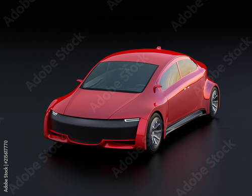 Metallic red electric car on black background. 3D rendering image.
