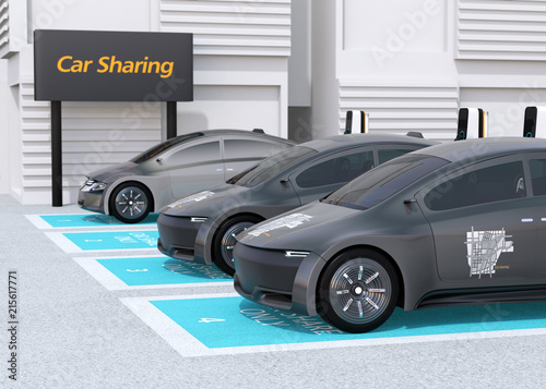 Side view of electric cars parking in car sharing only parking lot. 3D rendering image. © chesky