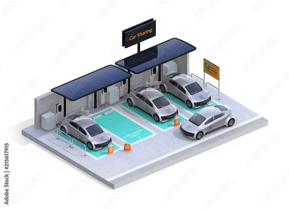 Isometric view of parking lot equipped with charging station, solar panel. Car sharing business. White background. 3D rendering image.