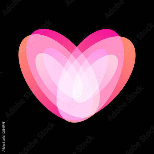 Pink heart, tender teenage love symbol. Happy Valentines Day abstract vector logo on black background.