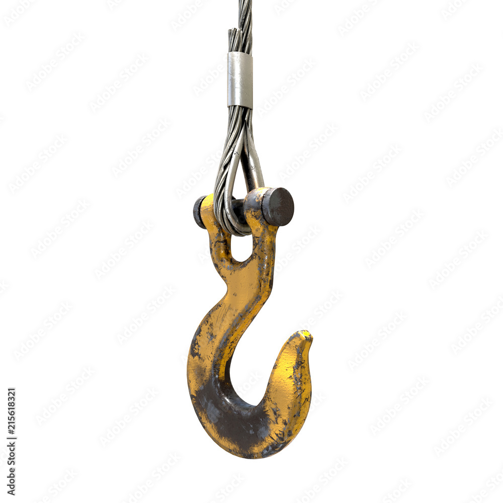 Old used lifting crane hook with steel rope and thimble. Industrial and  building theme. 3D render Illustration isolated on a white background. Stock  Illustration