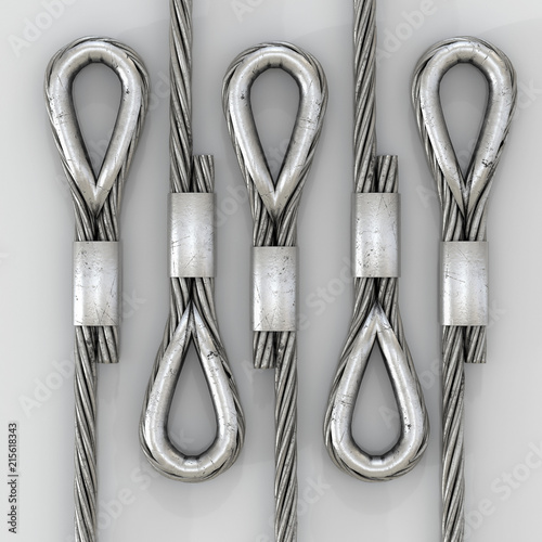 Metal Thimble and steel wire rope. Industrial building and yacht sport theme. 3D render Illustration isolated on a white background.