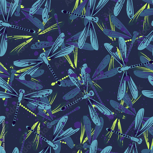 Hand drawn stylized dragonflies seamless pattern for girls, boys, clothes. Creative background with insect. Funny wallpaper for textile and fabric. Fashion style. Colorful bright