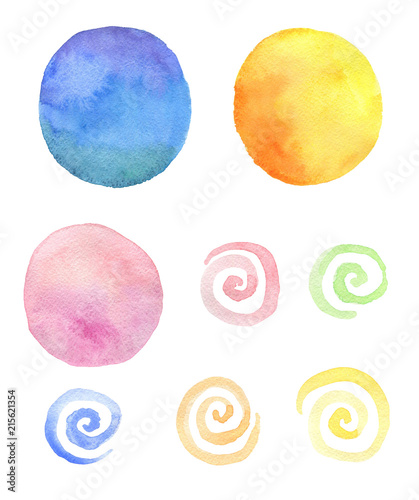 Set of round watercolor blots and swirls