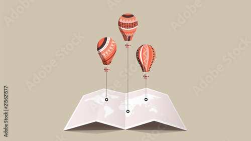 Paper Booklet With Worldmap And Colorful Balloons Over It. Flat Vector Illustration. Compare Concept