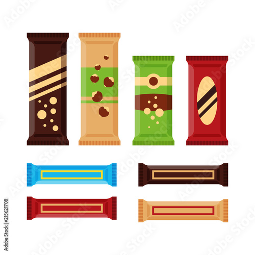 Set of colorful chocolate bars icons isolated on white background. Chocolate product, protein bar for vending machine in flat style