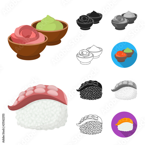 Sushi and seasoning cartoon,black,flat,monochrome,outline icons in set collection for design. Seafood food, accessory vector symbol stock web illustration.