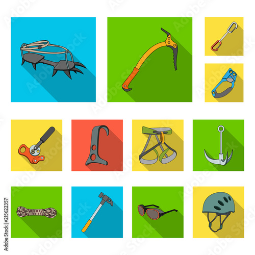 Mountaineering and climbing flat icons in set collection for design. Equipment and accessories vector symbol stock web illustration.