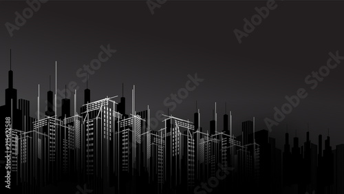 Modern vector dark night city horizon scape sky scraper background. Architectural business building copy template black evening design.