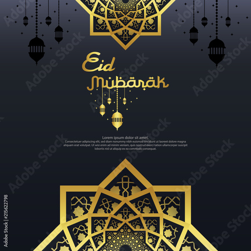 Eid al Adha or Fitr Mubarak islamic greeting card design. abstract mandala with pattern ornament and hanging lantern element. background Vector illustration.
