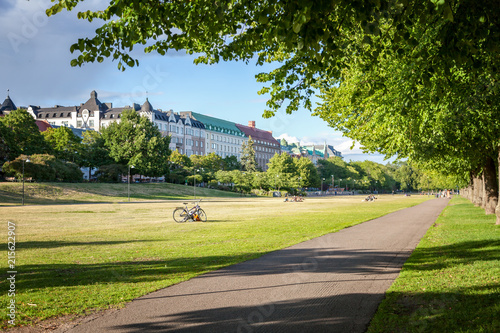 Green lawn and park in the center of Helsinki, Finland, beautiful cityscape, view of the city and the publik park Meripuisto